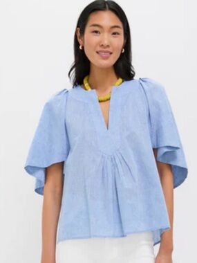 Pomander Place Chambray Finley Flutter Sleeve Top V-neck Linen Cotton Size XS
